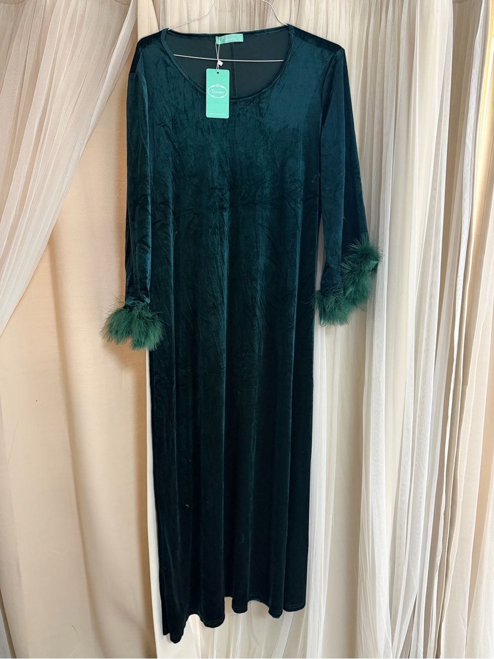Emerald Green Velvet Maxi Dress with Feather Cuffs